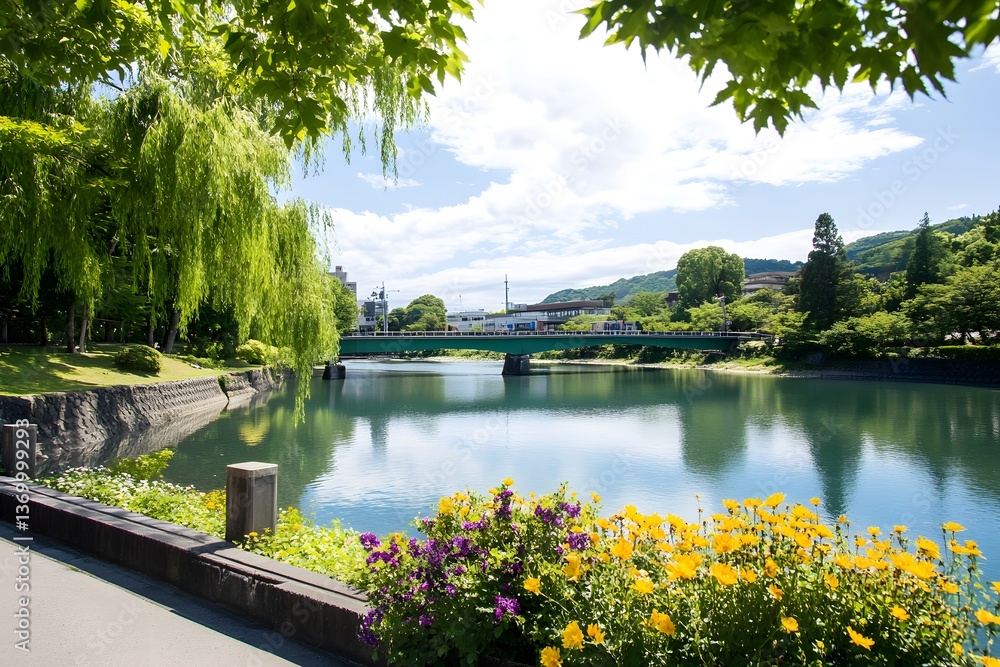Fototapeta premium River scene with bridge, lush trees, vibrant flowers on a sunny day