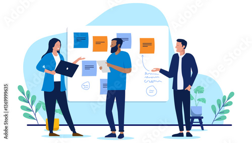 Workshop businesspeople - Team of people working on whiteboard taking notes, getting insights and doing project process for company strategy together. Flat design vector illustration graphic