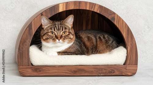 A cozy cat rests inside a stylish wooden house, featuring a soft bed, showcasing a blend of comfort and modern design.