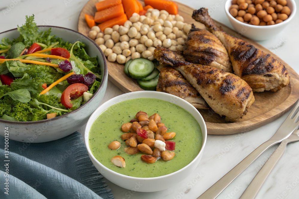 Healthy Grilled Chicken with Fresh Salad, Chickpeas & Nutritious Green Soup Healthy Grilled Chicken with Fresh Salad, Chickpeas & Nutritious Green Soup