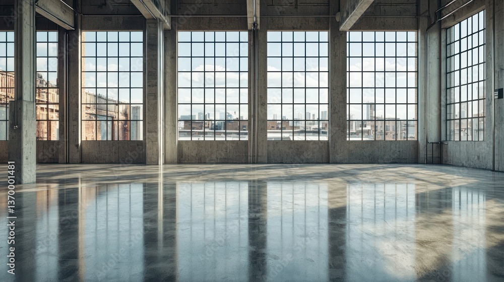 Obraz premium A modern industrial space with a polished concrete floor reflecting light from large windows.