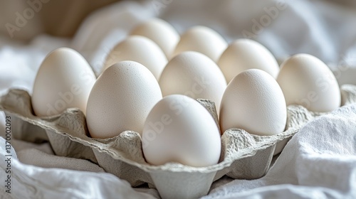 Fresh White Eggs in Carton on Soft Fabric Background