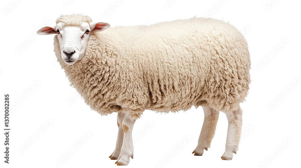 Fototapeta premium Curly-coated sheep grazing peacefully pastoral farm animal photography rural landscape close-up fluffy portrait