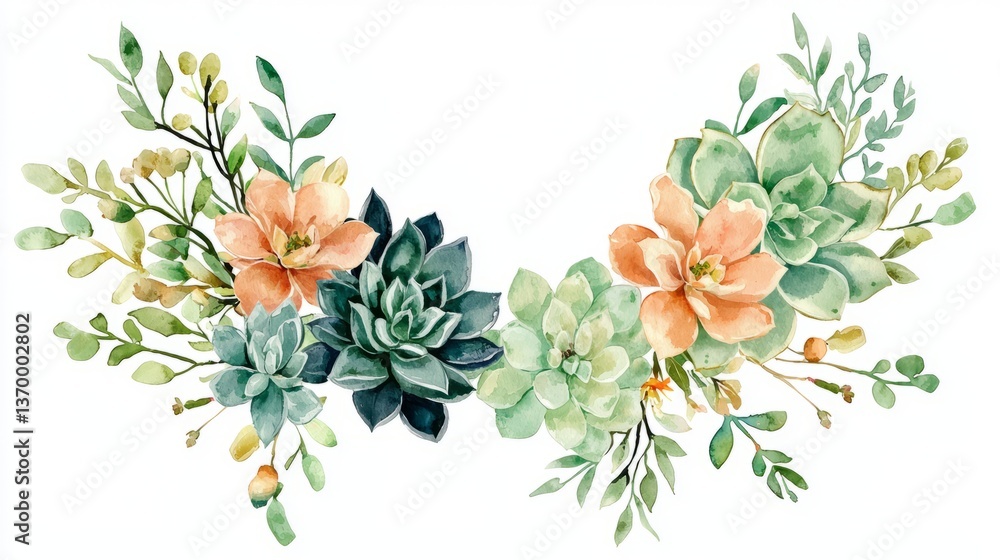 Fototapeta premium Elegant Arrangement of Succulents and Flowers in Watercolor Style