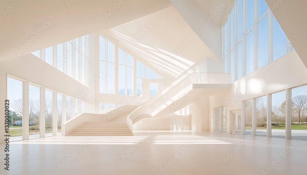 Obraz premium Sunlit Modern Staircase in White Hall.