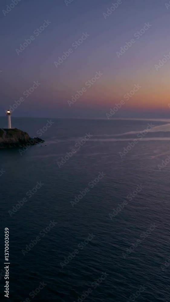 Majestic lighthouse at twilight with waves gently crashing against the shoreline Majestic lighthouse at twilight with waves gently crashing against the shoreline