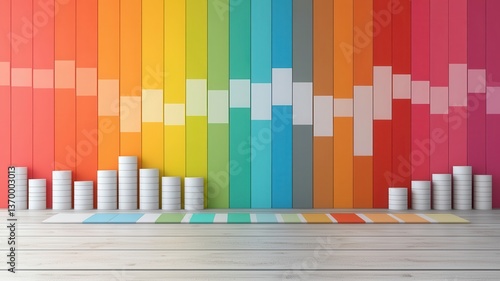 A vibrant wall with colorful vertical stripes and white containers arranged at the bottom, creating a modern and artistic ambiance.