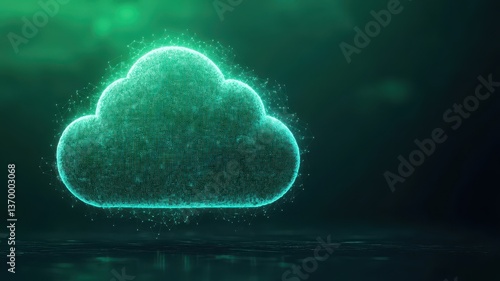 A glowing digital cloud icon set against a dark green background, symbolizing cloud computing and data storage technology.