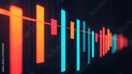 A vibrant digital graphic displaying colorful bars and lines, representing data visualization or sound waves in a modern design.