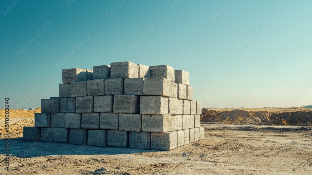 Obraz premium A stack of concrete blocks arranged neatly at a construction site under a clear sky.