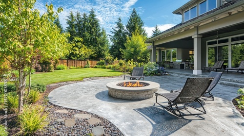 A modern concrete patio with a fire pit, lounge chairs, and a surrounding garden.