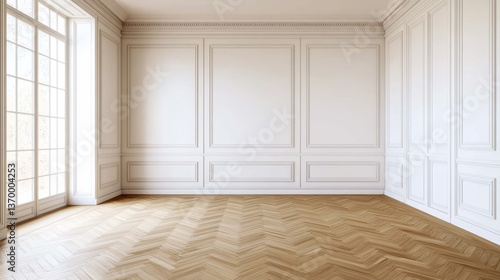 Elegant Room White Walls, Herringbone Floor and Window Light, Interior , Architecture
