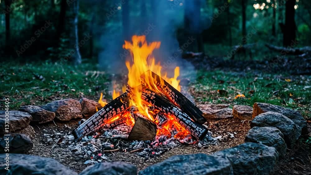 Campfire blazes brightly in the evening woods creating a cozy atmosphere for gathering and storytelling Campfire blazes brightly in the evening woods creating a cozy atmosphere for gathering and storytelling
