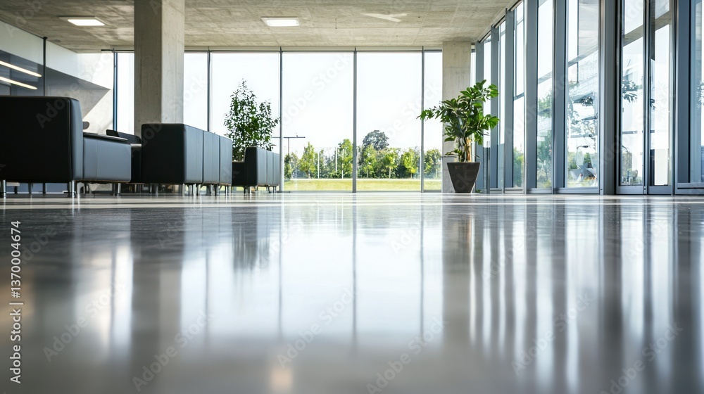 Fototapeta premium A polished concrete floor in a modern office building, reflecting natural light from large windows.