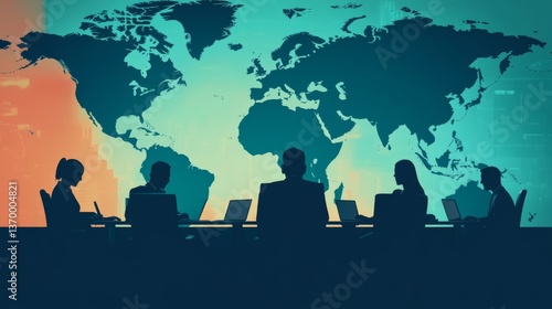 Global Business Meeting Silhouettes at a Table with World Map Background, Teamwork, Globalisation