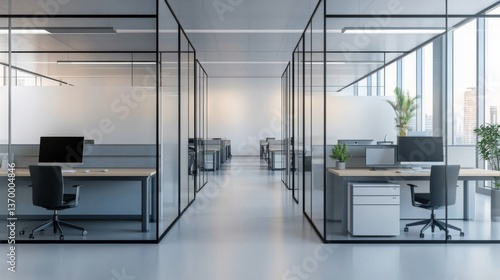 Glass Office Cubicles Modern Workplace Interior with Desks and Chairs, office , interior design
