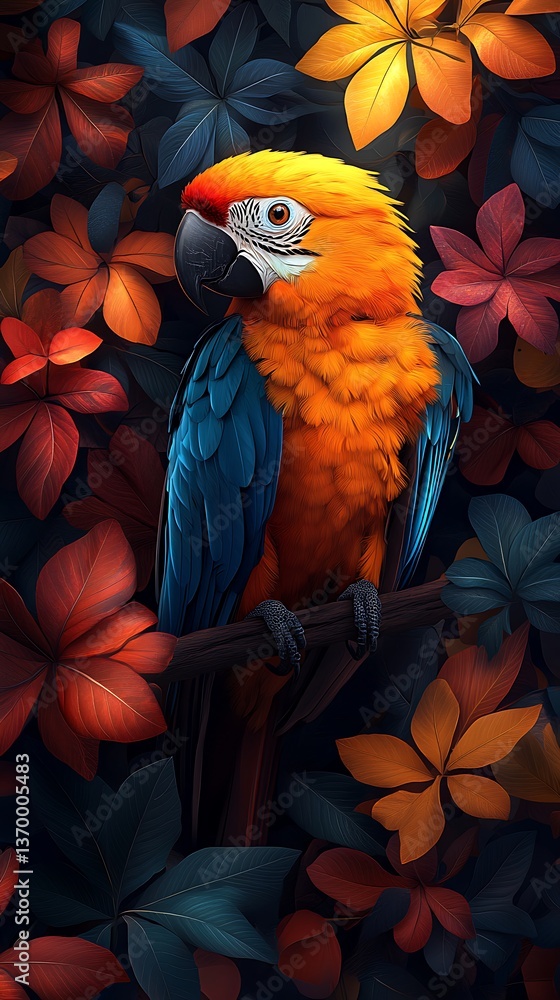 Obraz premium Vibrant Macaw Among Dark Foliage and Autumn Flowers