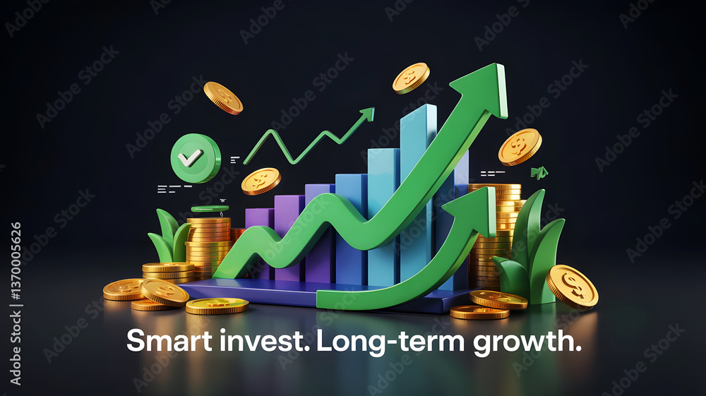 Naklejka premium Financial Growth 3D Illustration with Gold Coins, Up Arrow, and Wealth for Investment Success. Growth money business increase profit investment. 