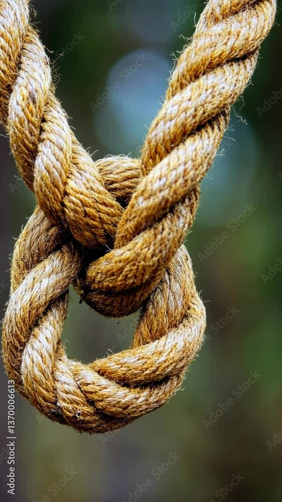 Knot made with brown rope hangs in focus against blurred green background in outdoor setting Knot made with brown rope hangs in focus against blurred green background in outdoor setting