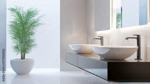 Minimalist Bathroom with Double Sinks and Palm, Interior , Design