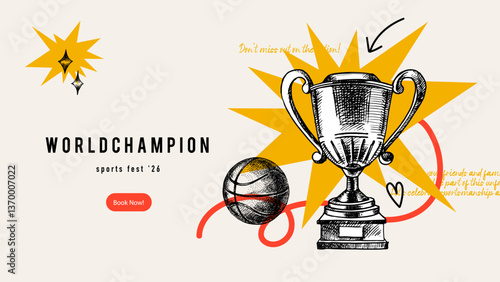 Vector sketch sport background with collage of trophy cup image. Perfect for design poster, greeting card and book cover. Hand drawn illustration. Not AI generation