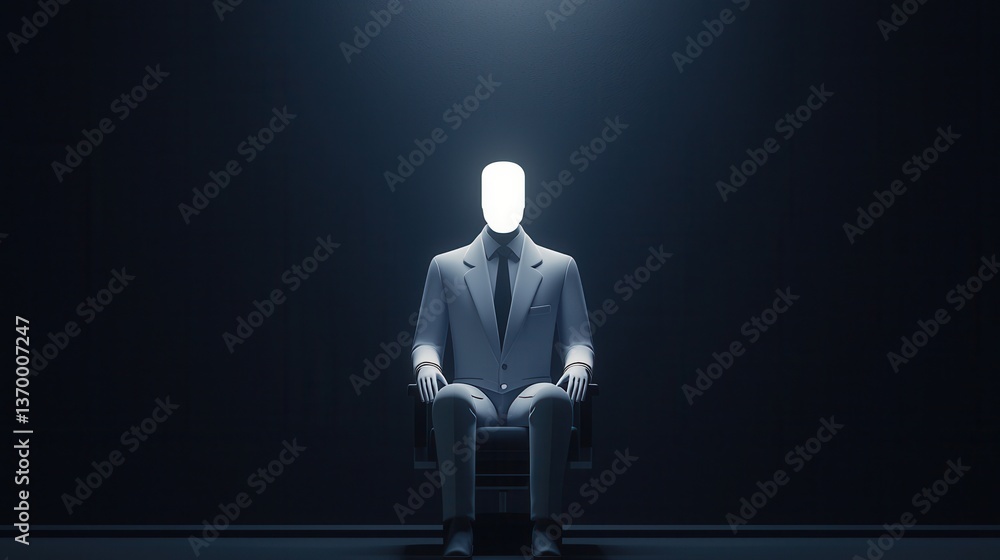 A faceless figure in a suit sits on a chair in a dimly lit room, creating an eerie and mysterious atmosphere. A faceless figure in a suit sits on a chair in a dimly lit room, creating an eerie and mysterious atmosphere.