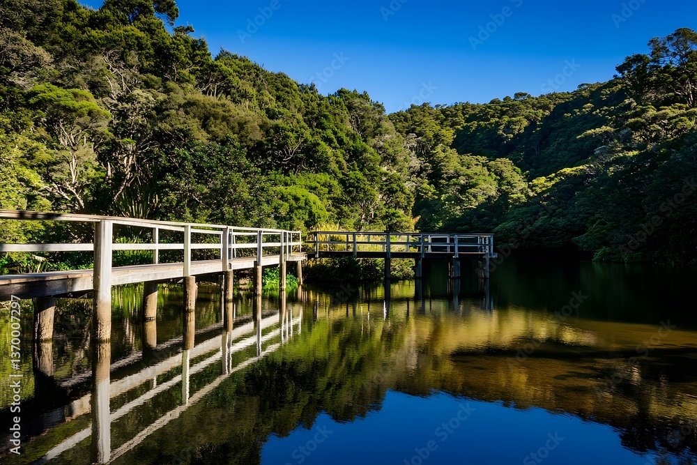 Fototapeta premium Scenic bridge reflected on still water with lush green forest backdrop