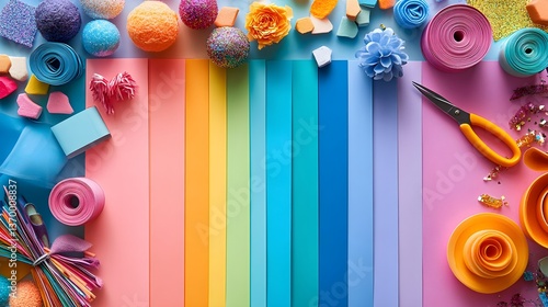 Creative flat lay of colorful craft supplies including papers, scissors, glitter, and greeting cards inviting engaging DIY activities