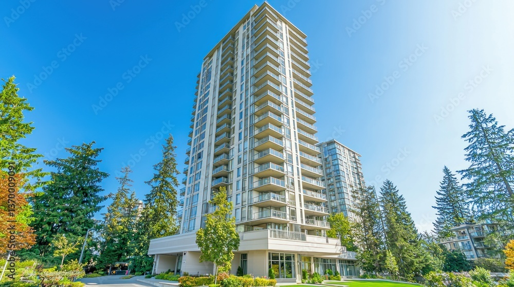 Fototapeta premium A high-rise condominium exterior with balconies and a clean urban setting under clear skies.