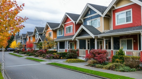 Fototapeta Naklejka Na Ścianę i Meble -  A row of colorful townhouses with front porches, small gardens, and a quiet street.