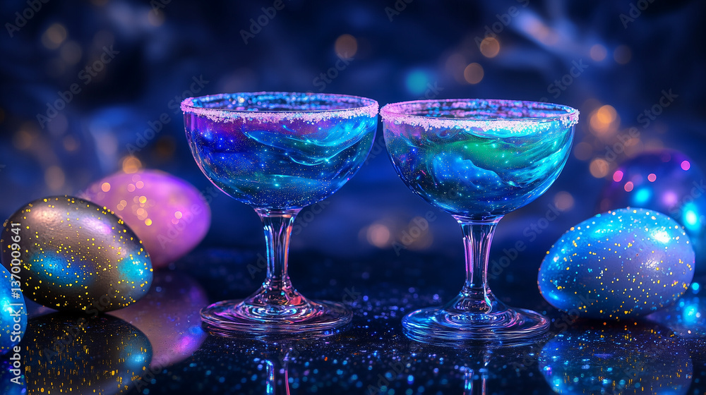 Obraz premium A futuristic and surreal Easter scene featuring two cocktail aperitif drink with chocolate bunny, easter cookies and galaxy eggs
