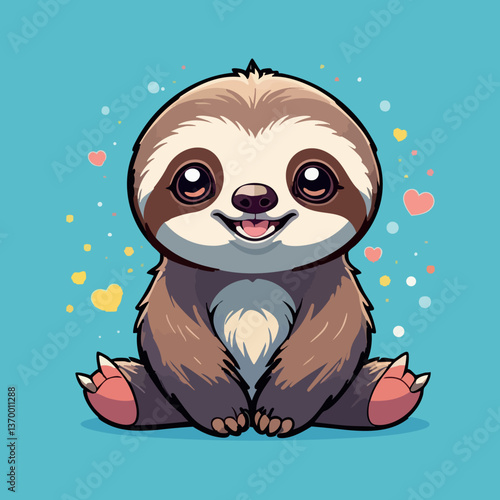 Cute kawaii sloth with happy smile and hearts
