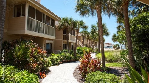 Fototapeta Naklejka Na Ścianę i Meble -  A beachfront condo in Florida with a tropical garden and ocean views.
