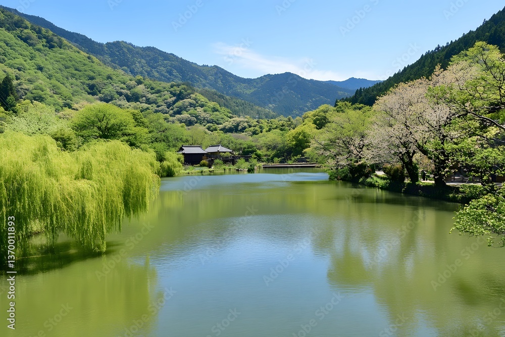 Fototapeta premium Serene lake nestled amongst lush green hills under a bright, sunny sky