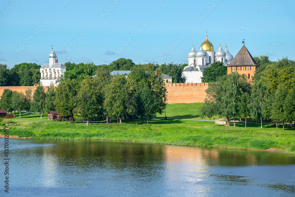 Fototapeta premium River Volkhov at the walls of the old kremlin. Great Novgorod, Russia