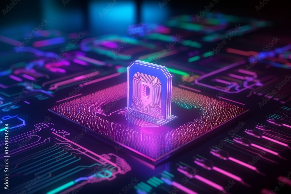 Close up of digital passport chip scanned by terminal with biometric icons and neon highlights Close up of digital passport chip scanned by terminal with biometric icons and neon highlights