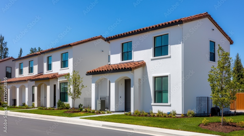 Obraz premium Modern Residential Buildings with Spanish Architecture and Greenery