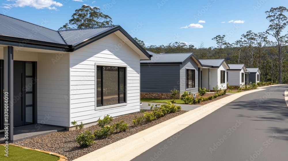 Modern Residential Units with Green Landscaping and Blue Sky Modern Residential Units with Green Landscaping and Blue Sky