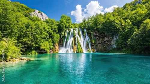 Majestic waterfall cascading into turquoise lake plitvice lakes nature photography lush green environment serene viewpoint