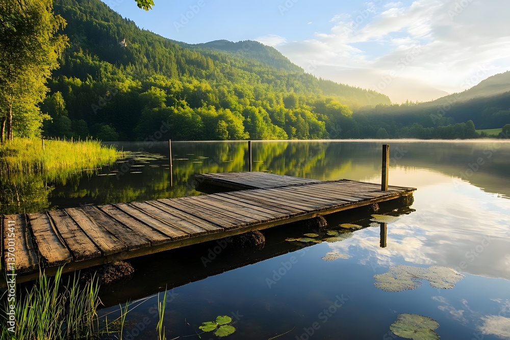 Naklejka premium Serene lake with pier, lush mountains, & reflections at sunrise