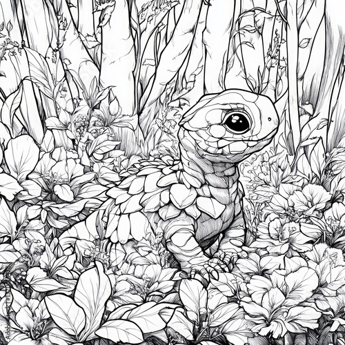Wallpaper Mural Adorable baby dinosaur walking through dense jungle vegetation, detailed black and white line art illustration for dinosaur coloring book with botanical background and exotic forest flora Torontodigital.ca
