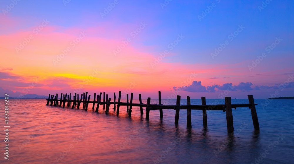 Fototapeta premium Relaxing sunset over water with wooden jetty coastal landscape vibrant colors tranquil environment