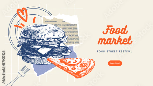 Vintage sketch fast food poster. Perfect for menu design, restaurant interior and packaging ads. Hand drawn vector illustrations. Not AI generation	
