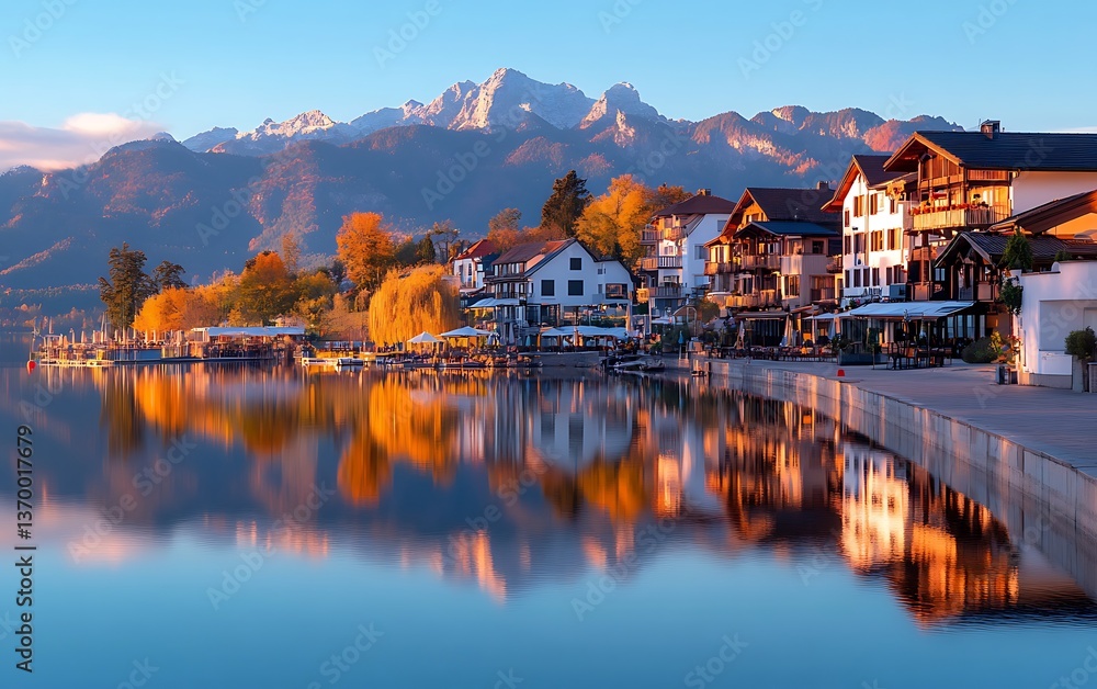 Obraz premium Alpine lake town autumn sunrise.