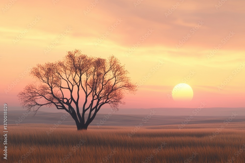 Fototapeta premium Serene Sunset Over a Lone Tree in a Vast Open Field Landscape