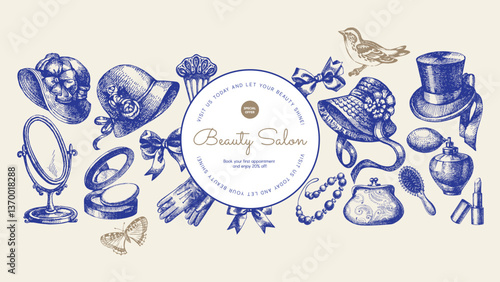 Vector vintage hand drawn sketch elegant bg with female accessories . Perfect for beauty salons, cosmetic branding, and fashion ads. Engraving style illustration.