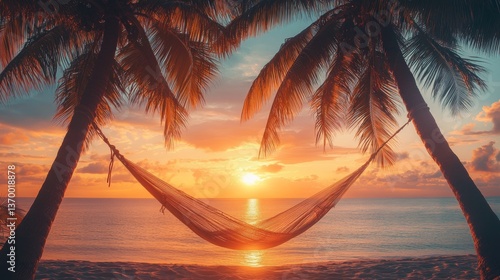 Cozy hammock tied between two palm trees with a stunning beach view and gentle ocean breeze for ultimate relaxation