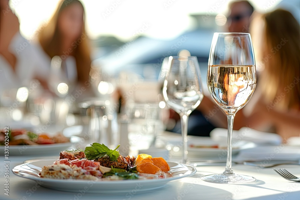 Boat Dining: Guests enjoying a gourmet meal on a luxury yacht. Boat Dining: Guests enjoying a gourmet meal on a luxury yacht.