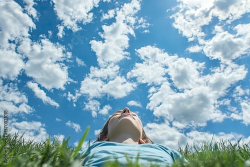 Cloud watching. A man lies on the grass and looks at the sky. Relaxation, relaxing practices.