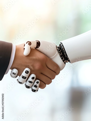 digital ai robot futuristic A human hand shakes hands with a robotic hand, symbolizing collaboration between humans and technology in the modern world.